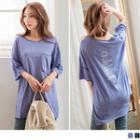 Lettering Back Slit-side Elbow-sleeve Long Top