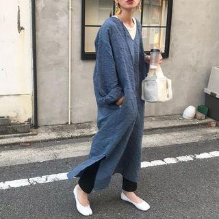 Long Sleeve V-neck Dress Blue - One Size