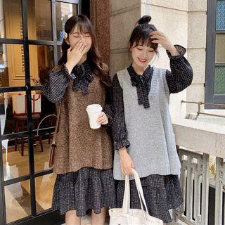 Long-sleeve Tie-neck A-line Dress / Knit Vest