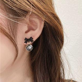 Bow Rhinestone Drop Earring 1 Pair - Silver Needle - Black - One Size