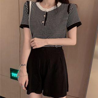 Set: Plaid Short-sleeve Knit Top + Shorts As Shown In Figure - One Size