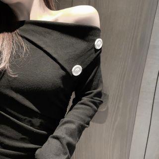 One-shoulder Button Detail Long-sleeve Top As Shown In Figure - One Size