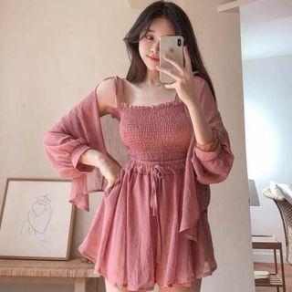 Set: Plain Camisole Top + Wide Leg Shorts + Blouse