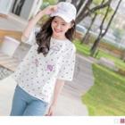 Elbow-sleeve Embroidered Dotted T-shirt