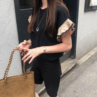 Contrast Frill-sleeve T-shirt