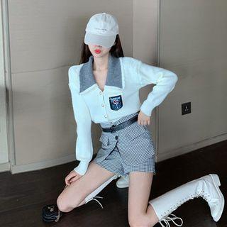 Sequined Pocket Knit Cardigan / High-waist Gingham Shorts