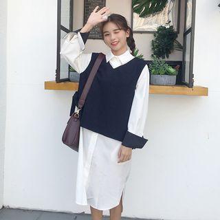 Set: Knit Lace-up Vest + Shirtdress