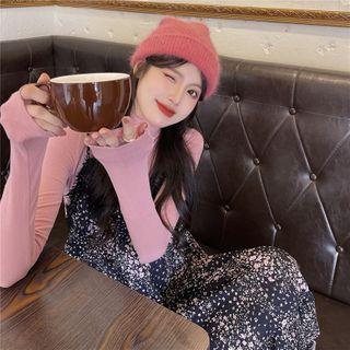 Plain Turtle-neck Long-sleeve Slim-fit Top / Floral Print Sleeveless Dress