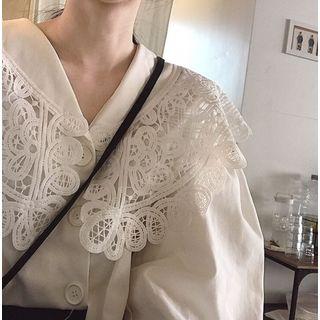 Crochet Lace Collar Balloon-sleeve Blouse White - One Size