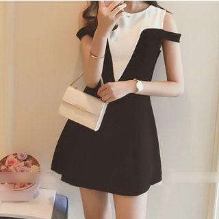 Cold-shoulder Two-tone Mini A-line Dress