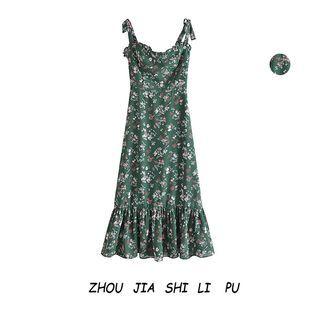 Spaghetti Strap Ruffle Floral Midi A-line Dress