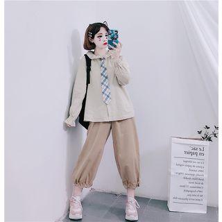 Cropped Frill-trim Baggy Pants Khaki - One Size
