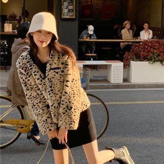 Leopard Print Fluffy Jacket Leopard - Coffee - One Size