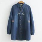 Cat Embroidered Denim Shirt Blue - One Size