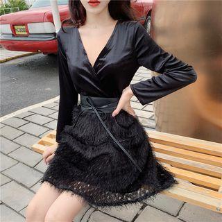 Eyelet Lace Short-sleeved Mini Dress Black - One Size