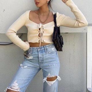 Lace Up Long-sleeve Knit Top Off-white - One Size