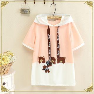 Short-sleeve Bear Embroidered Hoodie Pink - One Size