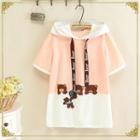 Short-sleeve Bear Embroidered Hoodie Pink - One Size