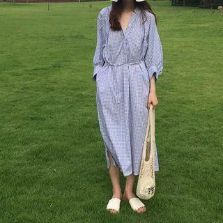 Elbow-sleeve Tie-waist Plaid Midi Dress Blue - One Size