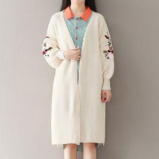 Open Front Floral Embroidered Long Cardigan