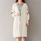Open Front Floral Embroidered Long Cardigan