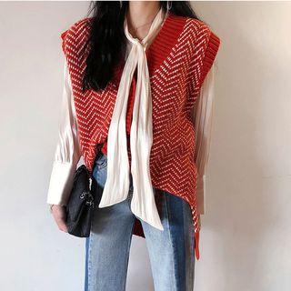 Tie-neck Blouse / Herringbone V-neck Knit Vest