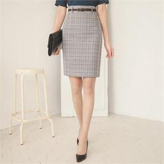 High-waist Plaid Pencil Skirt With Belt