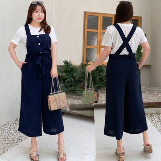Set: Plain Short-sleeve T-shirt + Cropped Wide-leg Jumper Pants