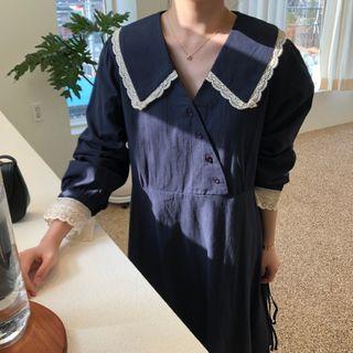 Puff-sleeve Collared V-neck Tie Waist Loose Fit Dress