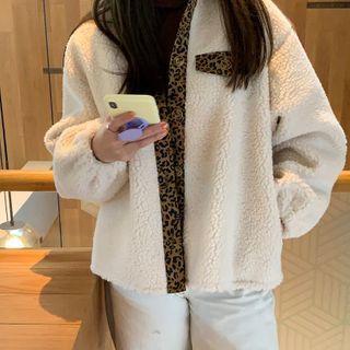 Cropped Leopard Print Fleece Jacket Beige Almond - One Size