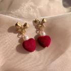 Bow Faux Pearl Heart Dangle Earring 1 Pair - Stud Earrings - Red & Gold - One Size