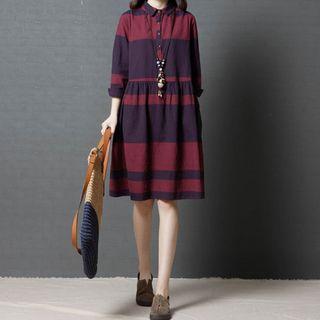 Long-sleeve Placket Color Block Shirt Dress