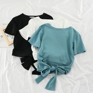 Tie-waist Short-sleeve Knit Cropped Top