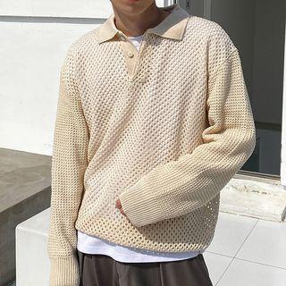 Polo Neck Pointelle Knit Top