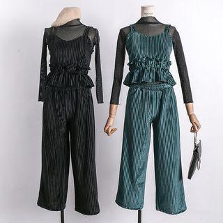 Set Of 3: Glitter Sheer Top + Camisole Top + Velvet Wide-leg Pants