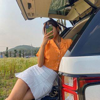Open-placket Crinkled Cropped Shirt