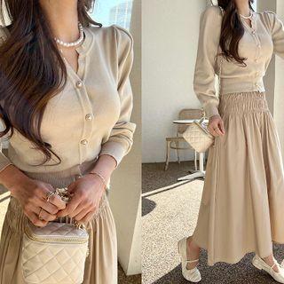Puff-sleeve Notch-neck Cardigan Beige - One Size