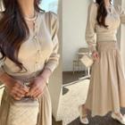 Puff-sleeve Notch-neck Cardigan Beige - One Size