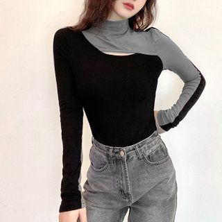 Mock Two-piece Long-sleeve Two-tone Mock-neck Fitted Top