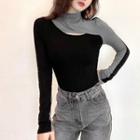 Mock Two-piece Long-sleeve Two-tone Mock-neck Fitted Top