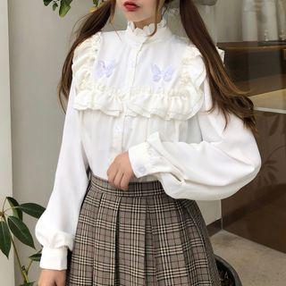 Butterfly Applique Frill Trim Blouse White - One Size