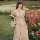 Short-sleeve V-neck Floral A-line Maxi Dress