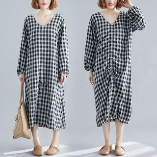 Plaid V-neck Long-sleeve Dress Black - L