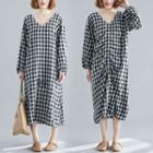 Plaid V-neck Long-sleeve Dress Black - L