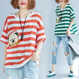 Bear Print Short-sleeve Striped T-shirt