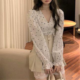 Puff-sleeve Dotted Drawstring Blouse / Pleated A-line Skirt