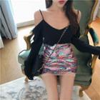 Off-shoulder Long-sleeve T-shirt / Sequined Mini Skirt