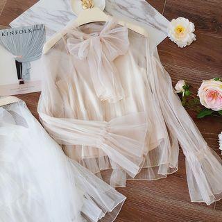Set: Sheer Bow-accent Mesh Blouse + Camisole Top