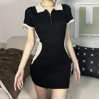 Short-sleeve Two-tone Mini Bodycon Polo Dress