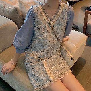 Set: 3/4-sleeve Tweed Paneled Top + A-line Mini Skirt